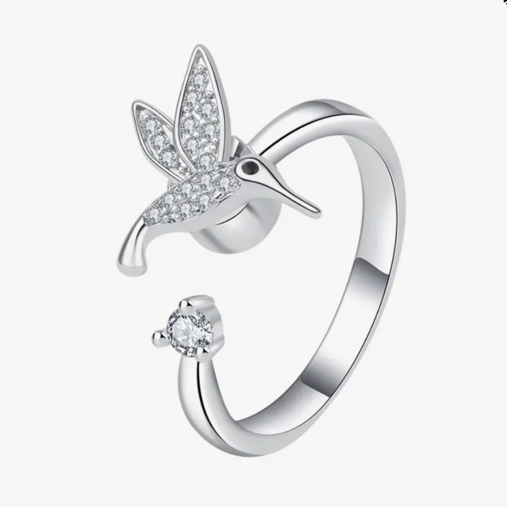 Shimmering Spinning Hummingbird Ring, CZ stones and silver tone, adjustable